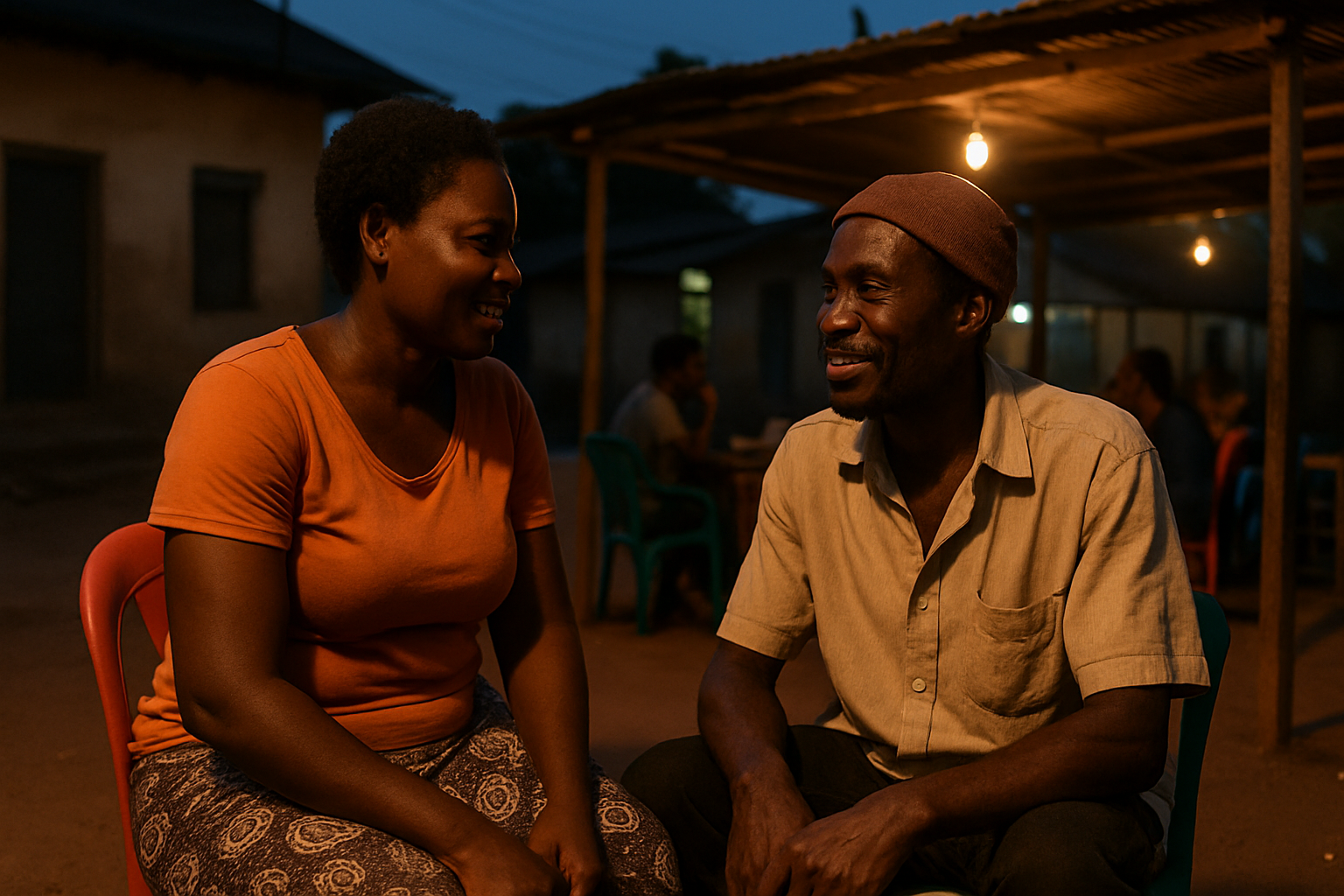 Two adults discussing an evening plan in Kwahu Tafo