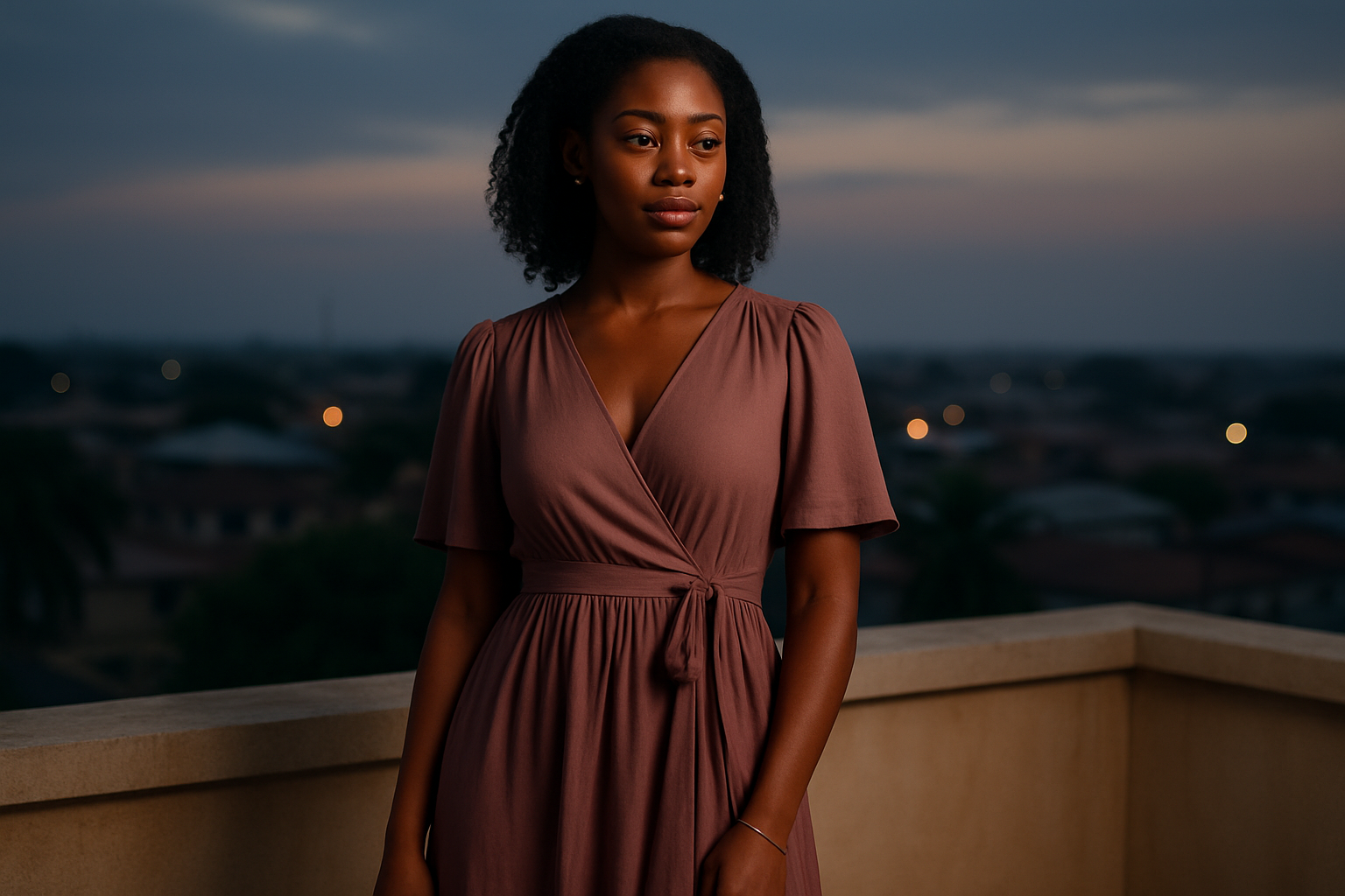 Adult woman in a soft romantic midi dress on a rooftop terrace at dusk in a plausible Kwame Danso setting