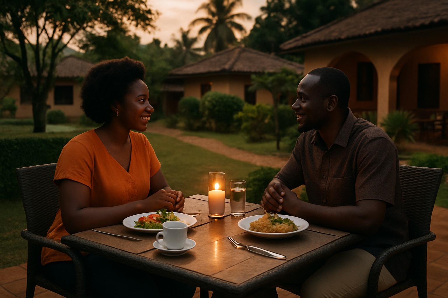 Two adults discussing an evening plan at a dining setting in Kyebi