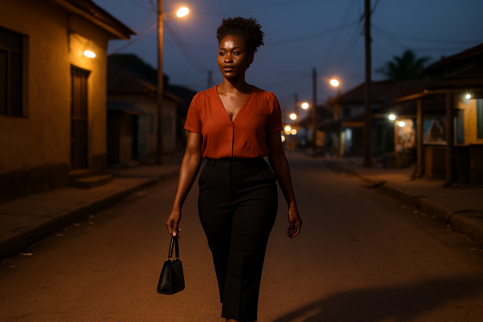 Adult Ghanaian woman in a polished smart-casual outfit walking through a softly lit Mankranso evening setting