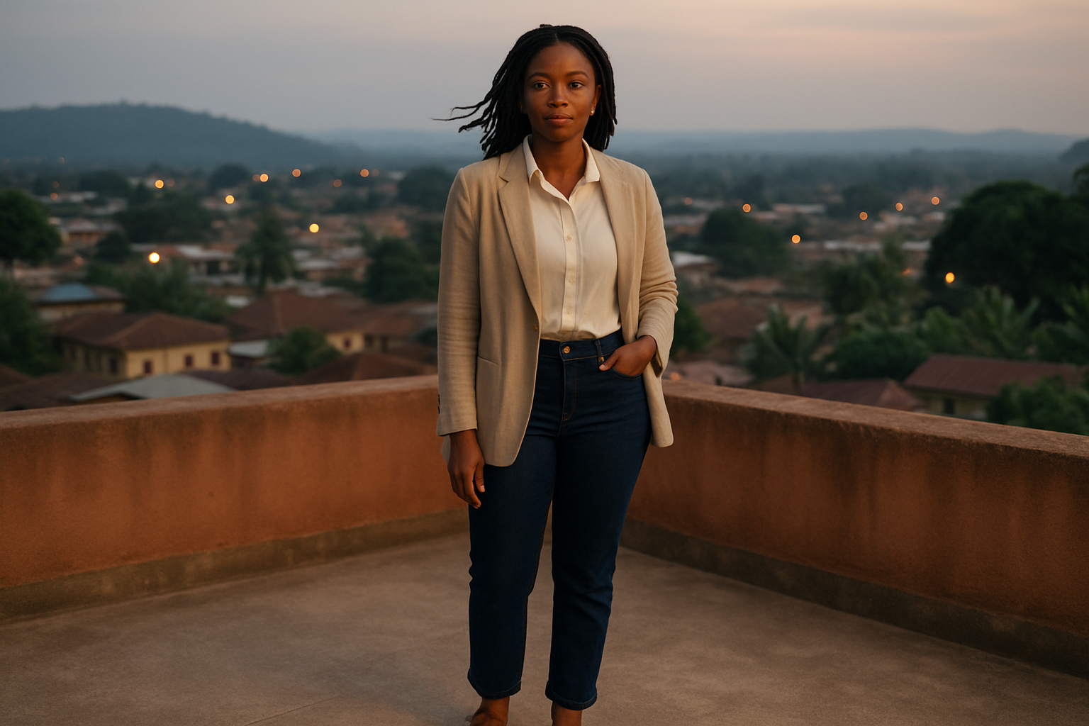 Adult Ghanaian woman in a relaxed smart outfit on a terrace at dusk in Manso Adubia