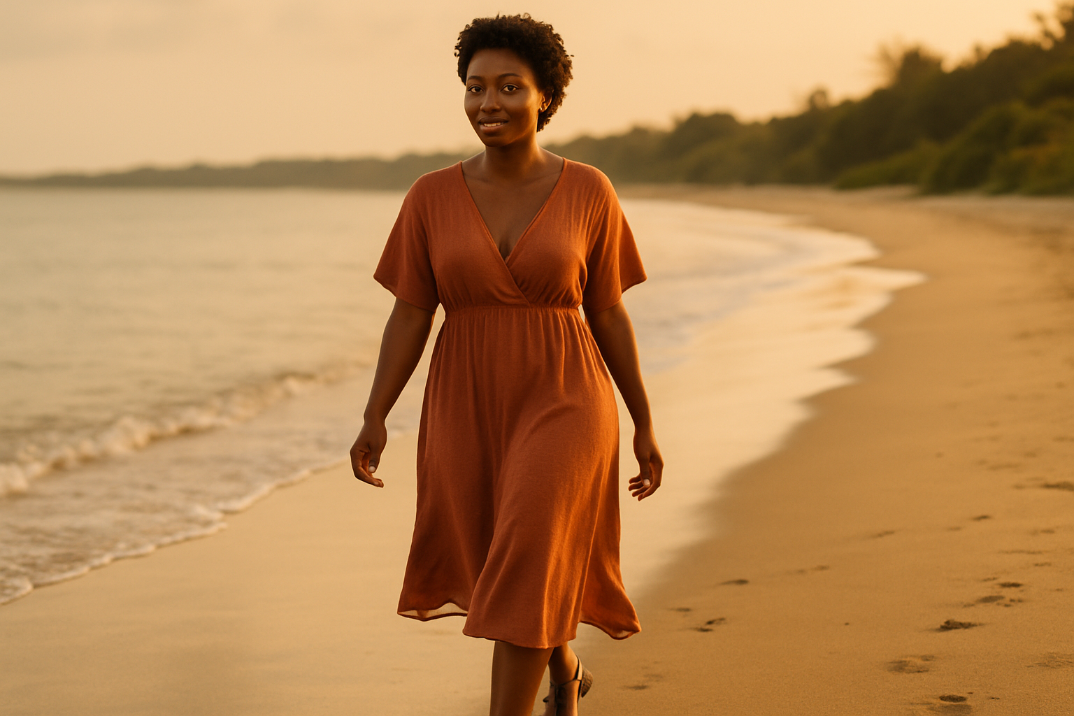 Adult woman in a flowing midi dress walking beside a waterside setting at golden hour