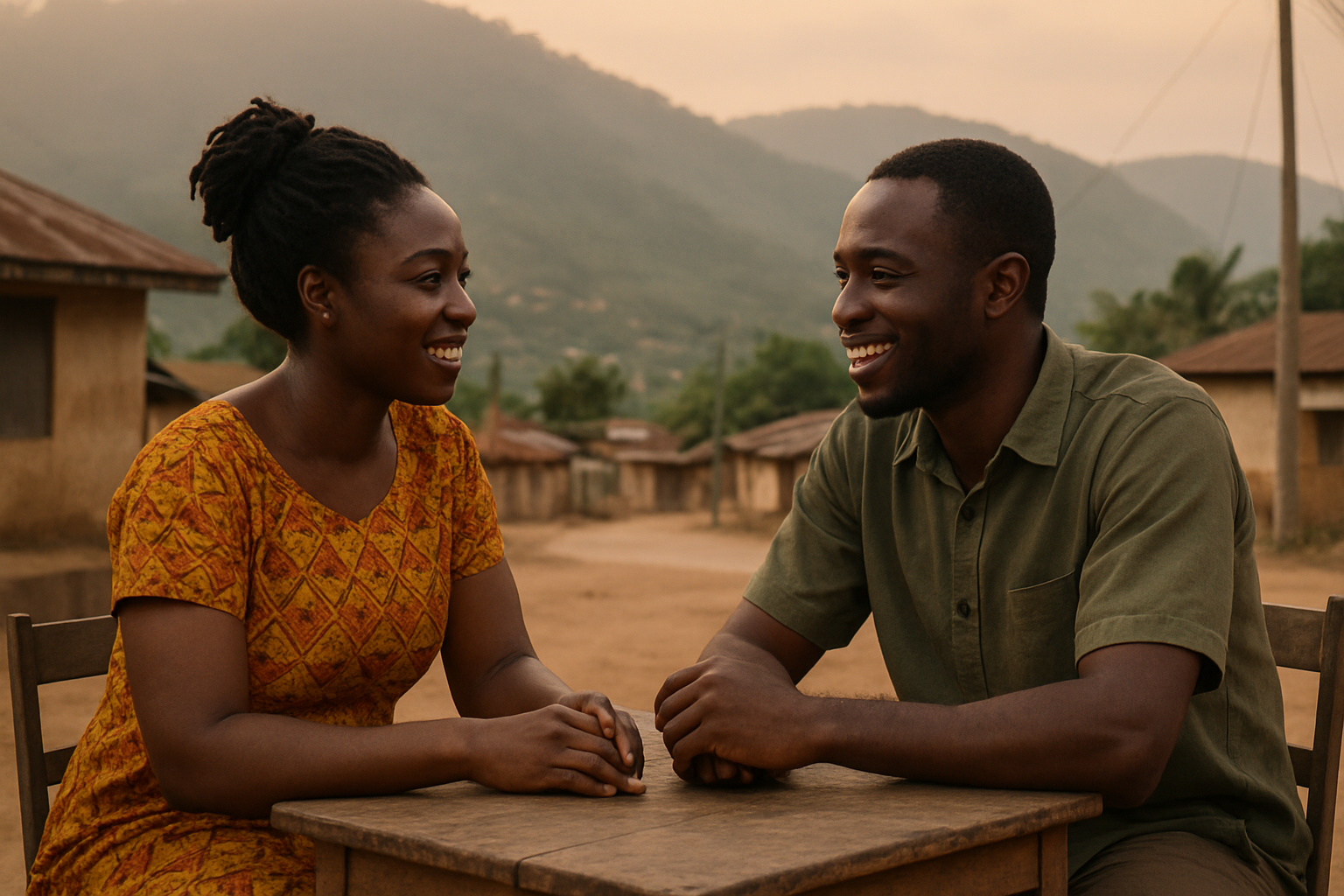 Adult couple sharing a relaxed conversation during an evening date in Mpraeso