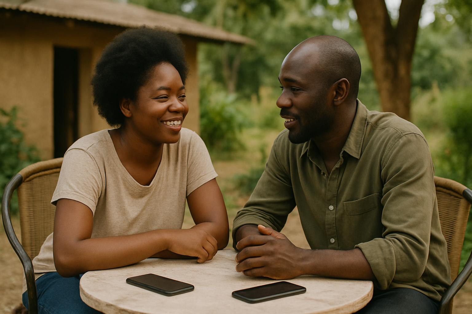 Two adults enjoying a phone-light romantic weekend conversation in Mumford