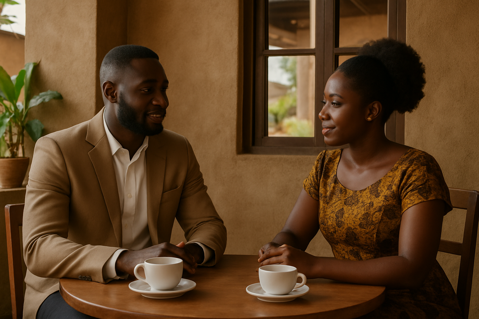 Two adults having a respectful first-meeting conversation in New Abirem