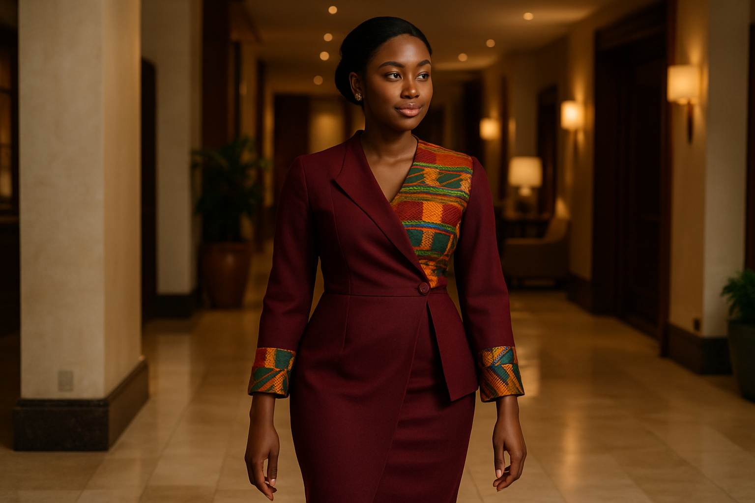 Adult Ghanaian woman in contemporary Ghanaian-inspired fashion walking through a polished hotel corridor in New Edubiase