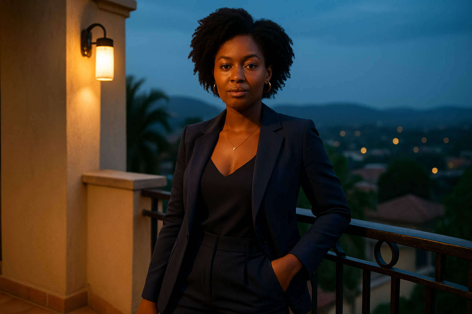 Adult woman in a tailored evening outfit relaxing on a terrace overlooking Nkawie evening lights