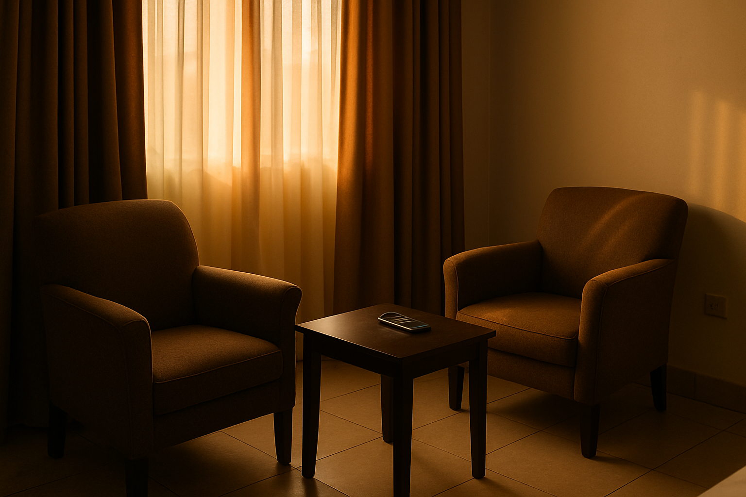 Quiet, warmly lit hotel room prepared for a considerate romantic date in Nkawkaw
