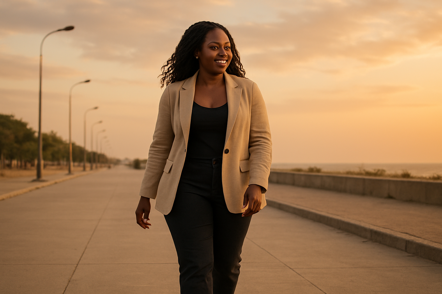 Adult woman in urban evening clothes walking along an open Nkoranza promenade at golden hour