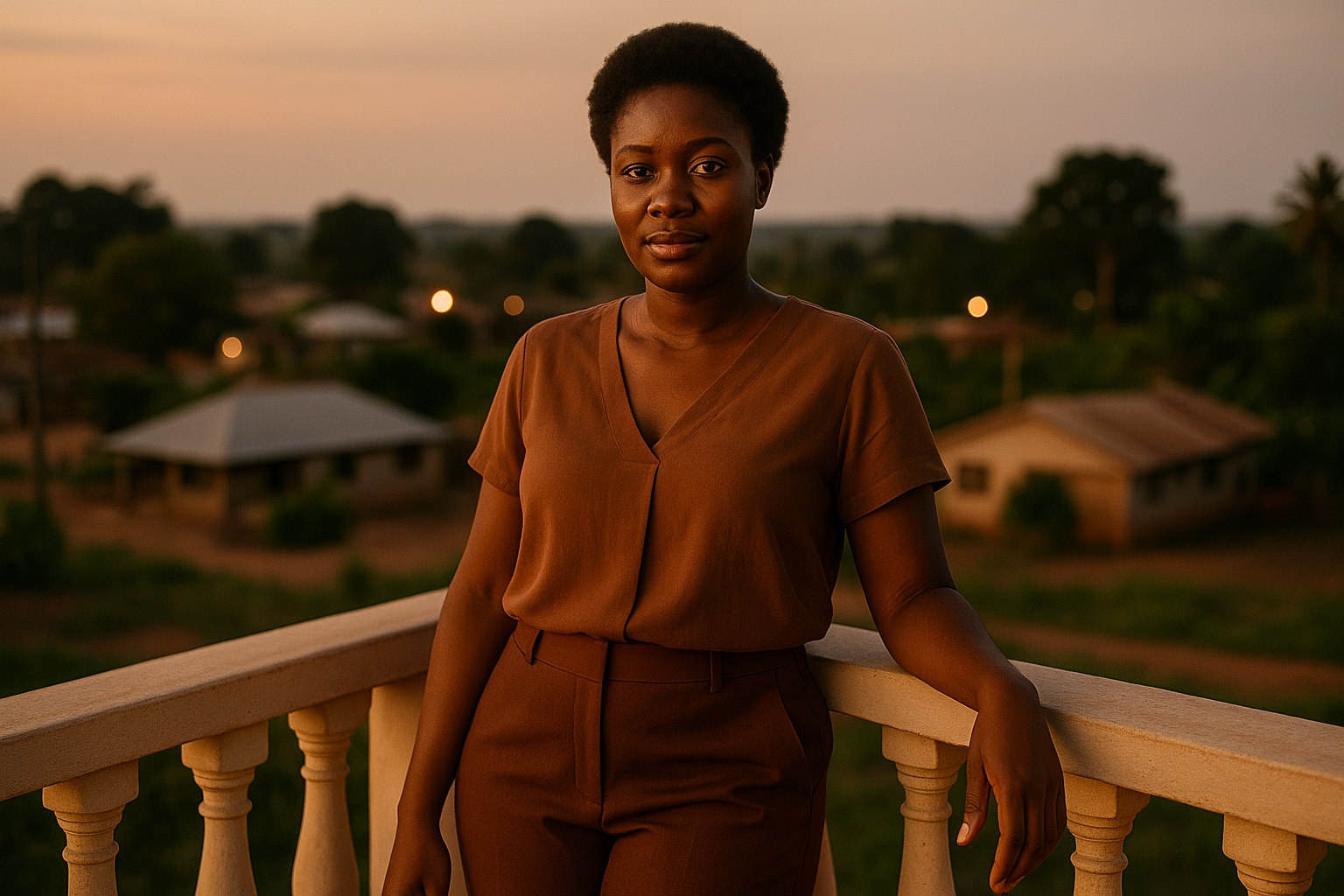 Adult woman in a stylish weekend outfit relaxing on a terrace overlooking evening lights in Nkoranza North