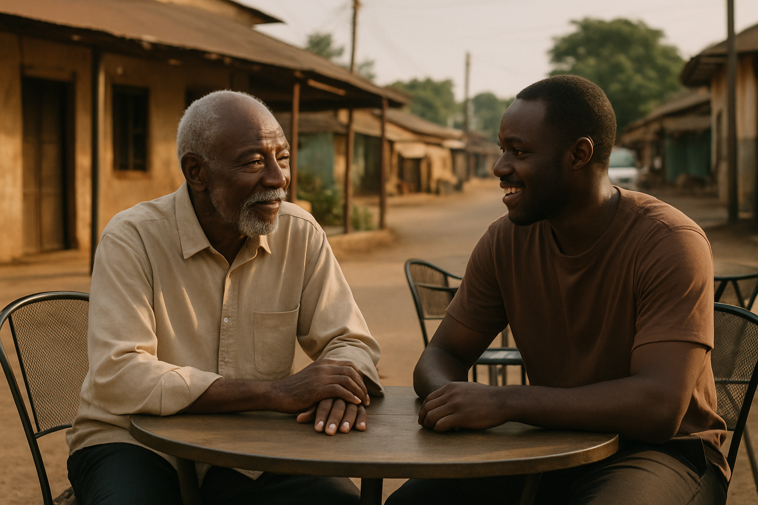 Older visitor and adult companion having a respectful conversation in Nkurakan