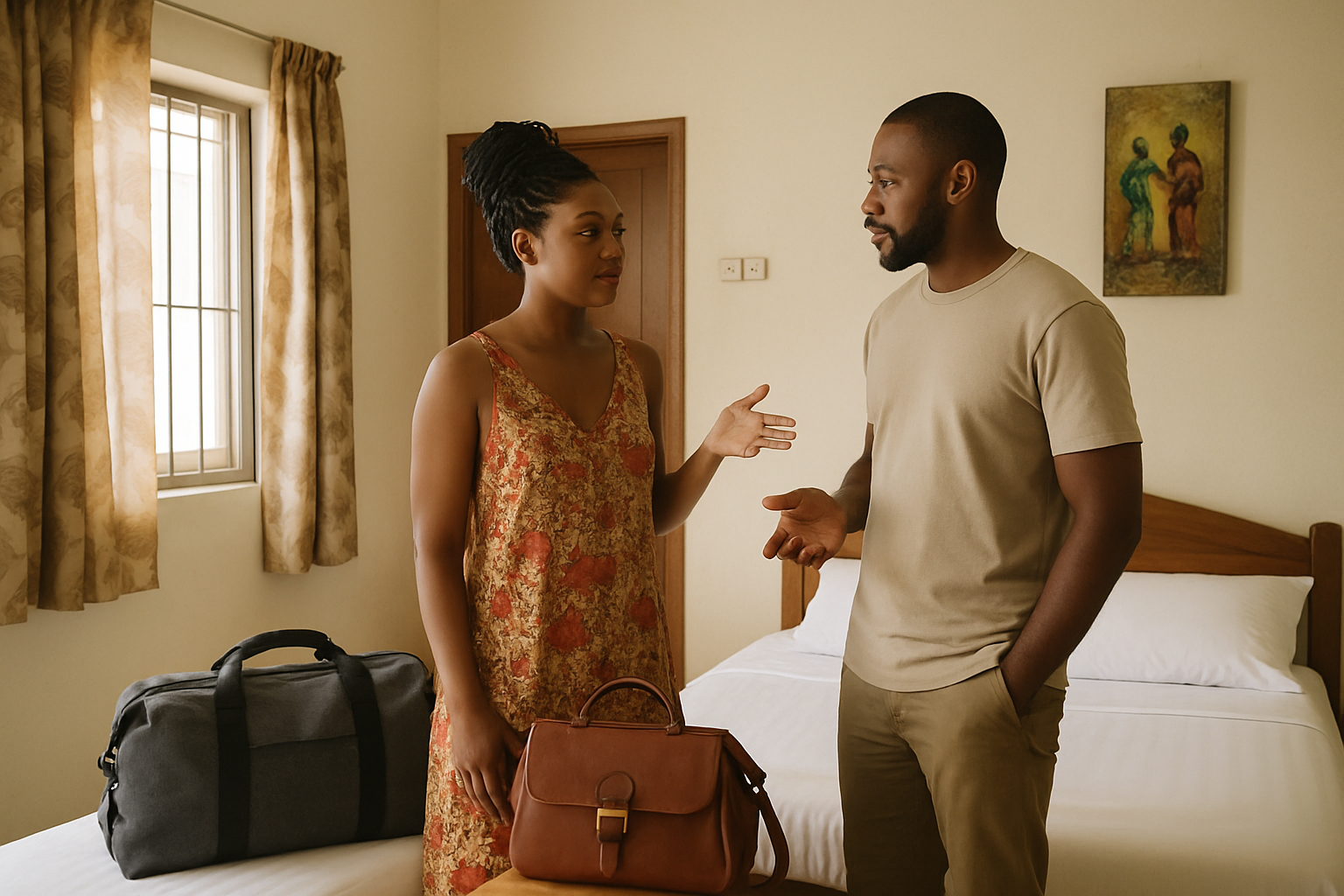 Adult couple discussing weekend room-sharing boundaries in a Nsawam accommodation room