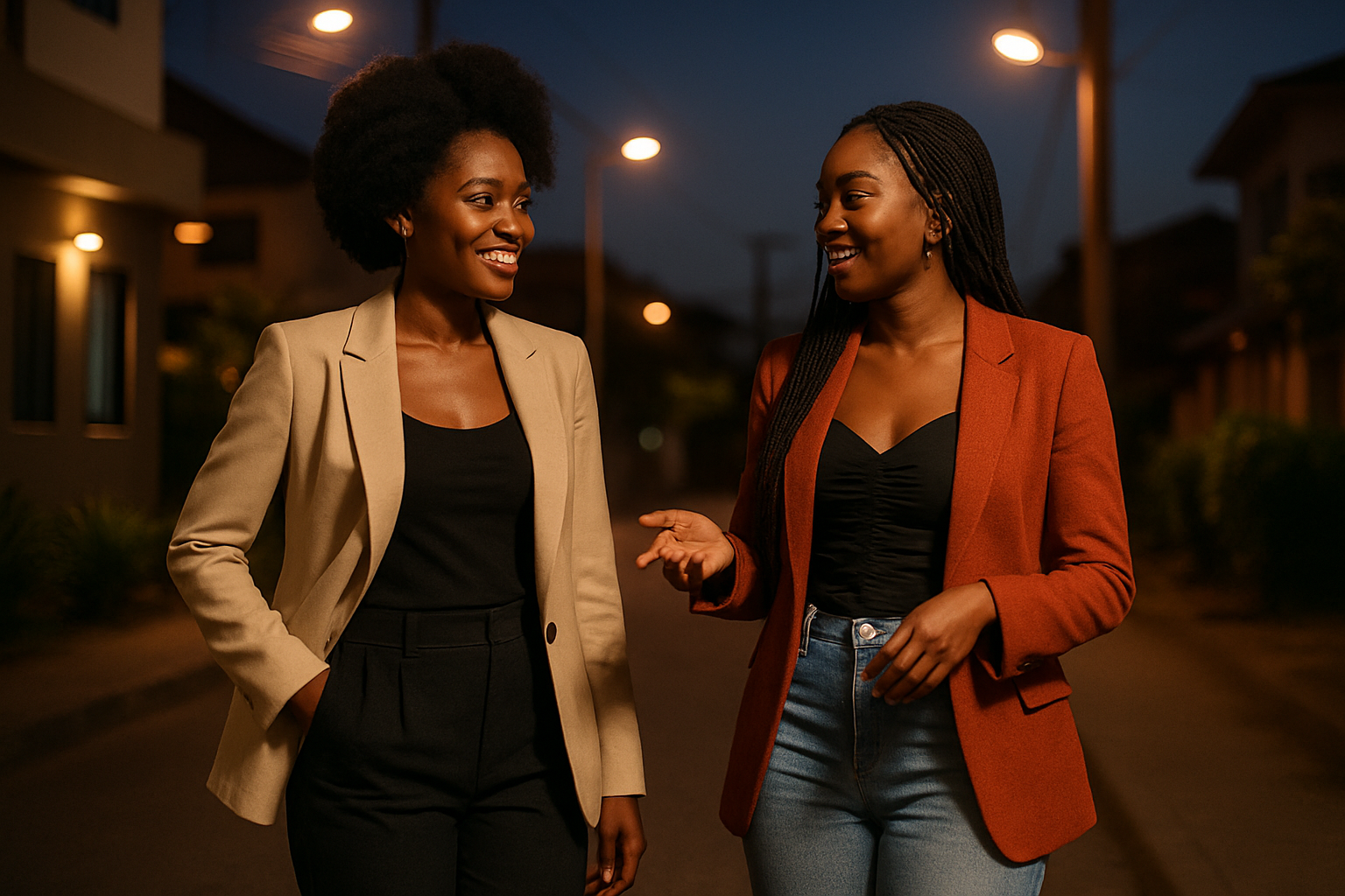 Two adult women in stylish urban outfits having a conversation during an evening out in Obuasi