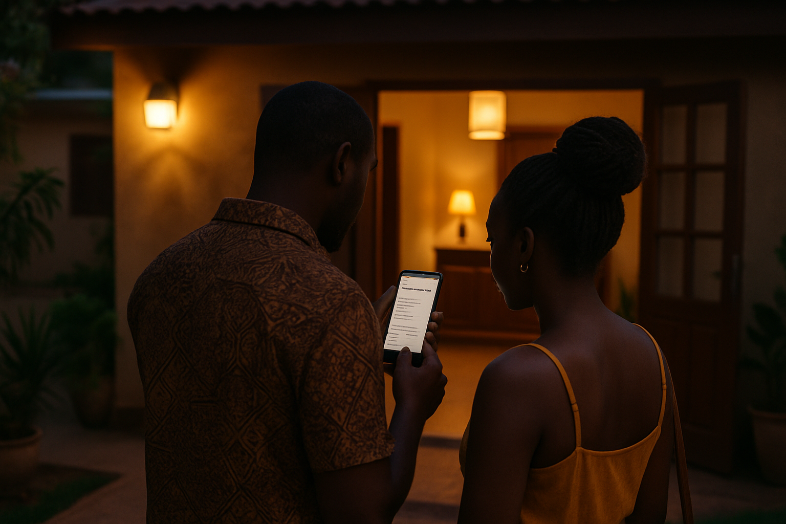 Adults reviewing a hotel reservation before a private evening in Odumase
