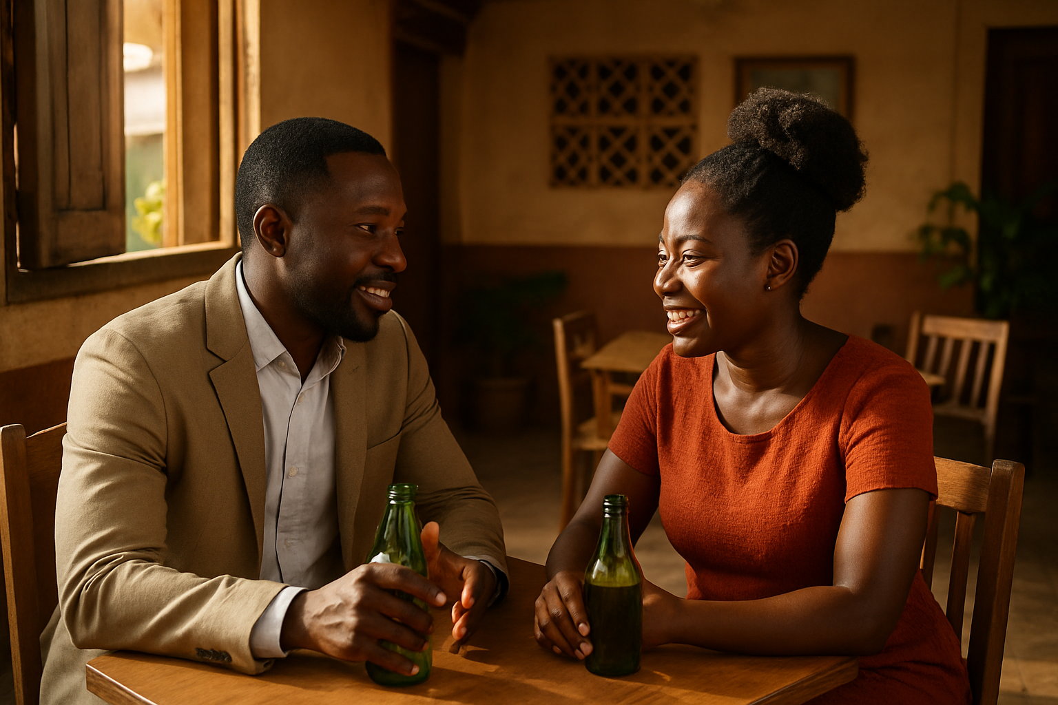Two adults having a relaxed dating conversation in Oduponkpehe