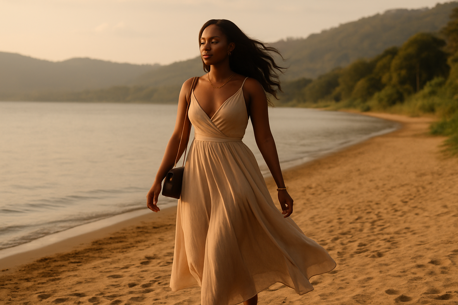 Adult woman in elegant resort-style clothing walking beside a lakeside shoreline in Ashanti Region at golden hour