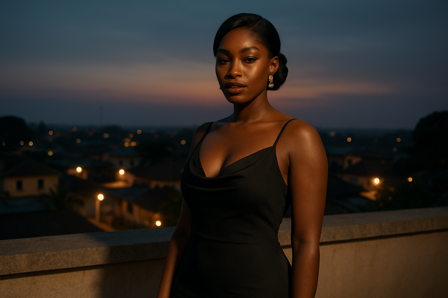 Adult woman in elegant eveningwear on a tasteful Ahafo terrace at dusk