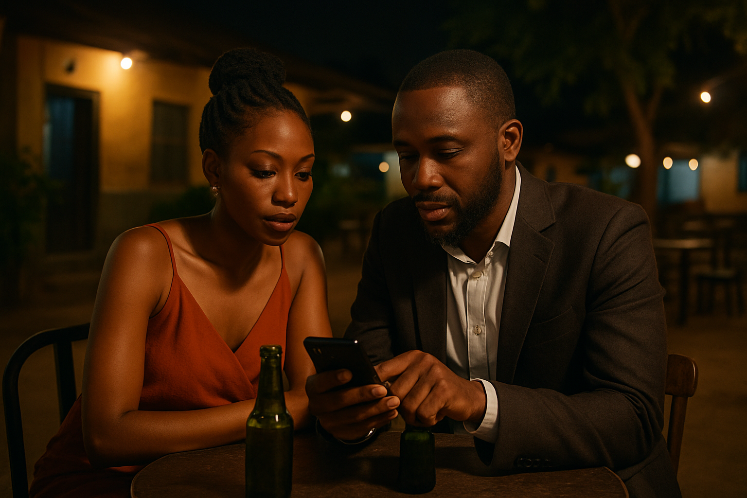 Adults reviewing a Saltpond nightlife budget before an evening date