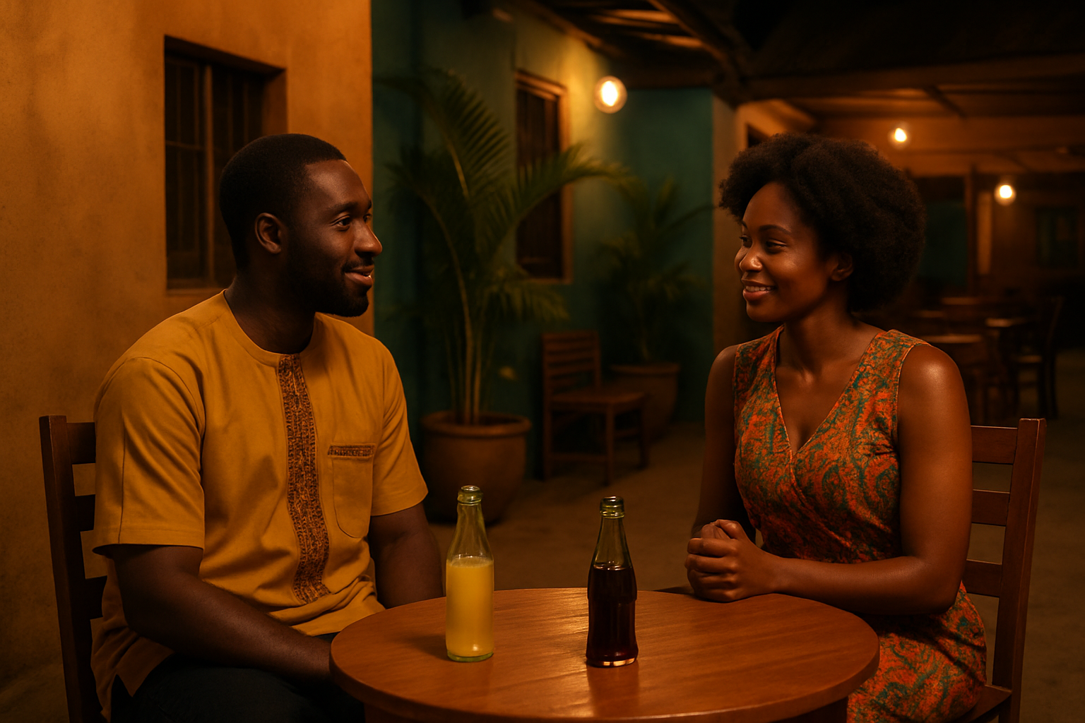 Two adults having a respectful evening conversation in Somanya