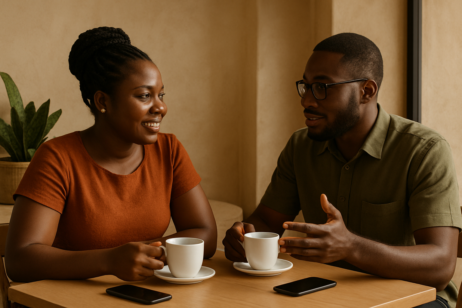 Adults discussing plans over coffee before an evening in Sunyani