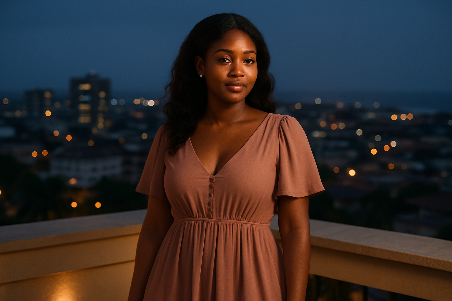 Adult woman in a romantic midi dress on a Greater Accra rooftop at dusk