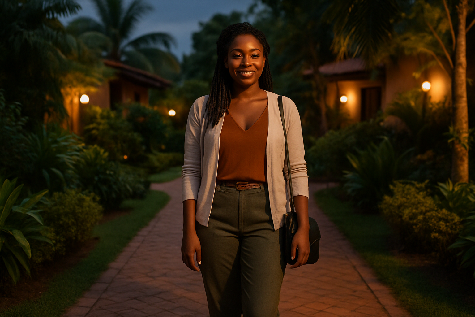 Adult woman in polished travel-ready clothing standing in a warmly lit garden courtyard at dusk in Tepa