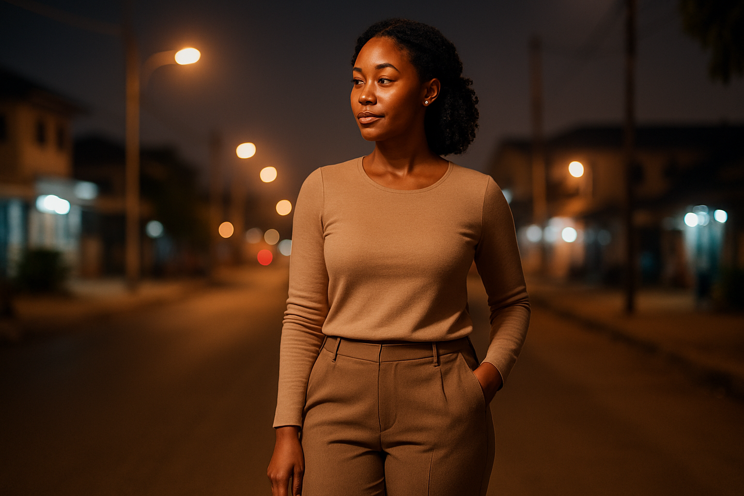 Adult woman in a polished weekend outfit against Tema city lights