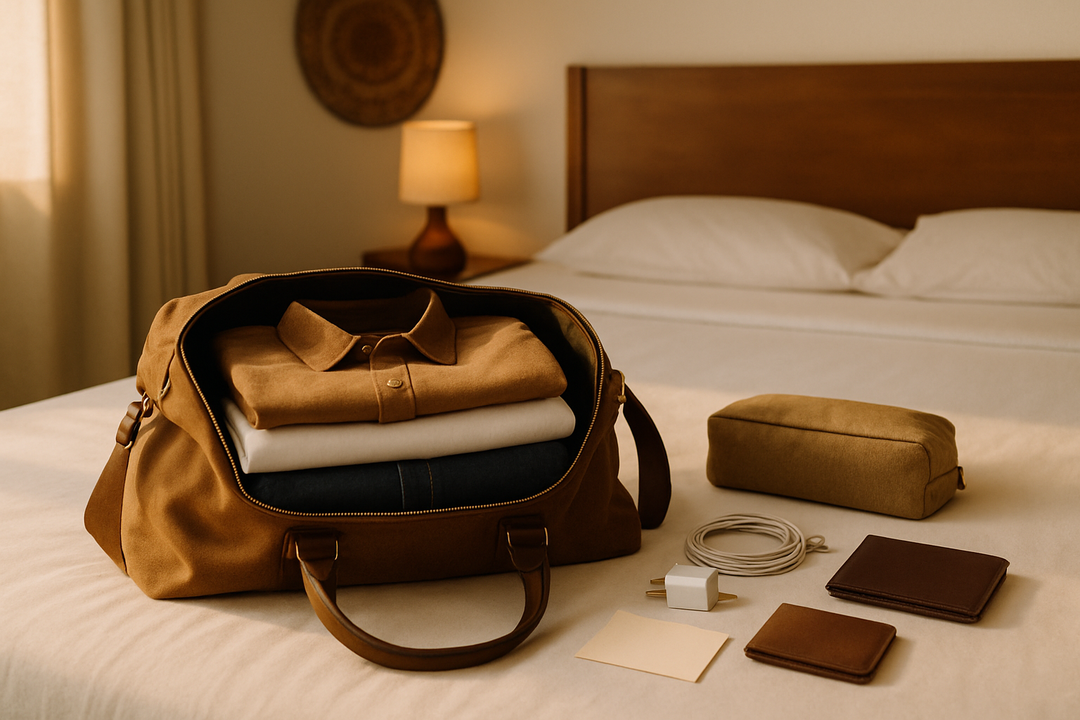 Packed overnight bag with clothing, toiletries and charger for a romantic hotel date in Tuobodom