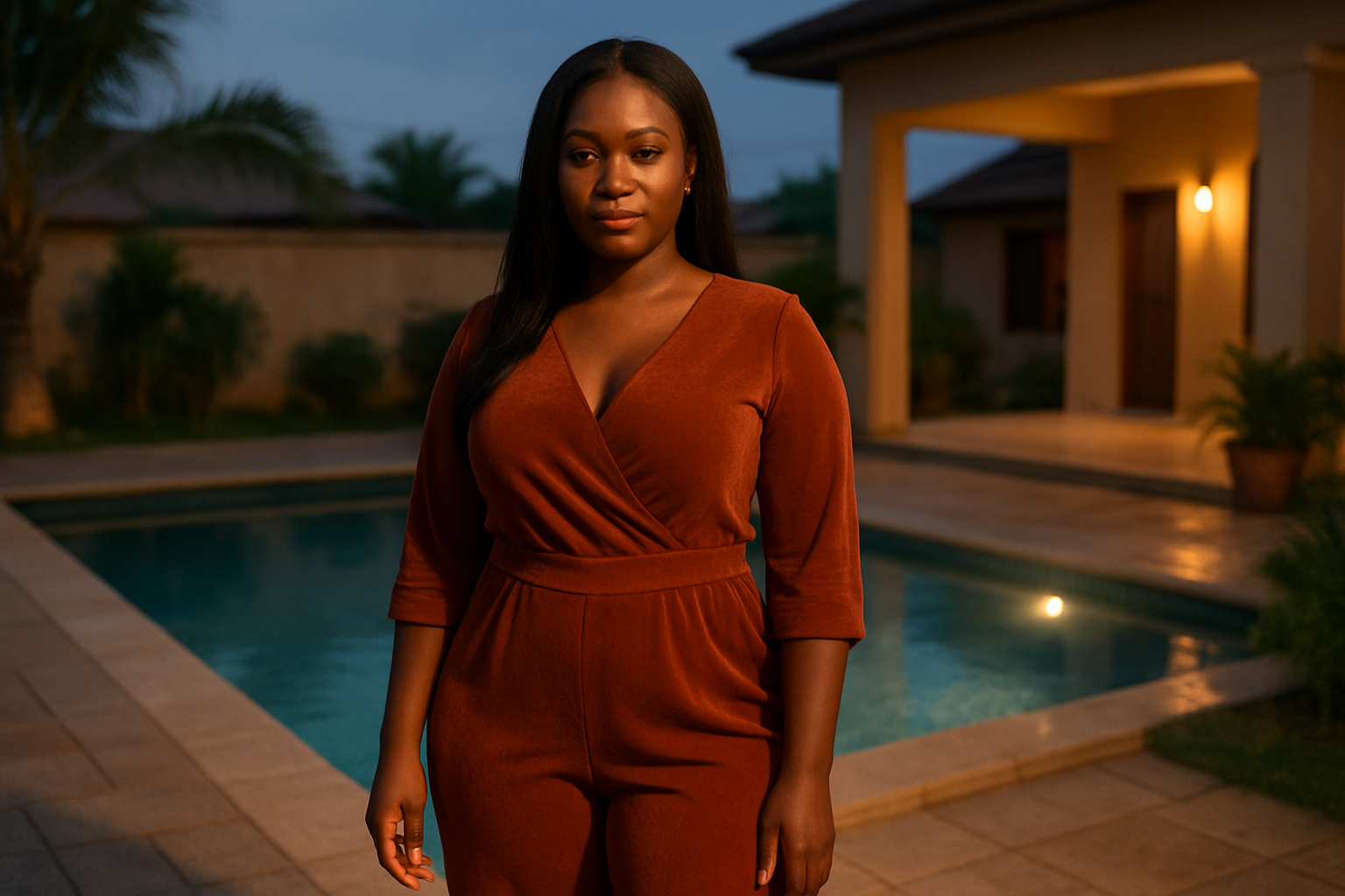 Adult woman in a polished evening lounge outfit beside a refined terrace pool at twilight in Offinso