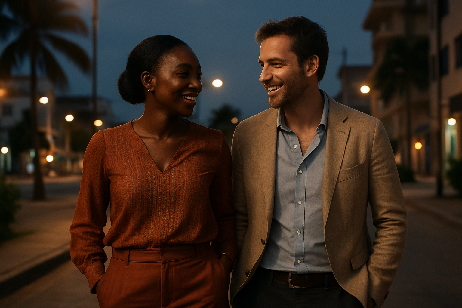 Adult couple walking together on an elegant evening promenade in Greater Accra