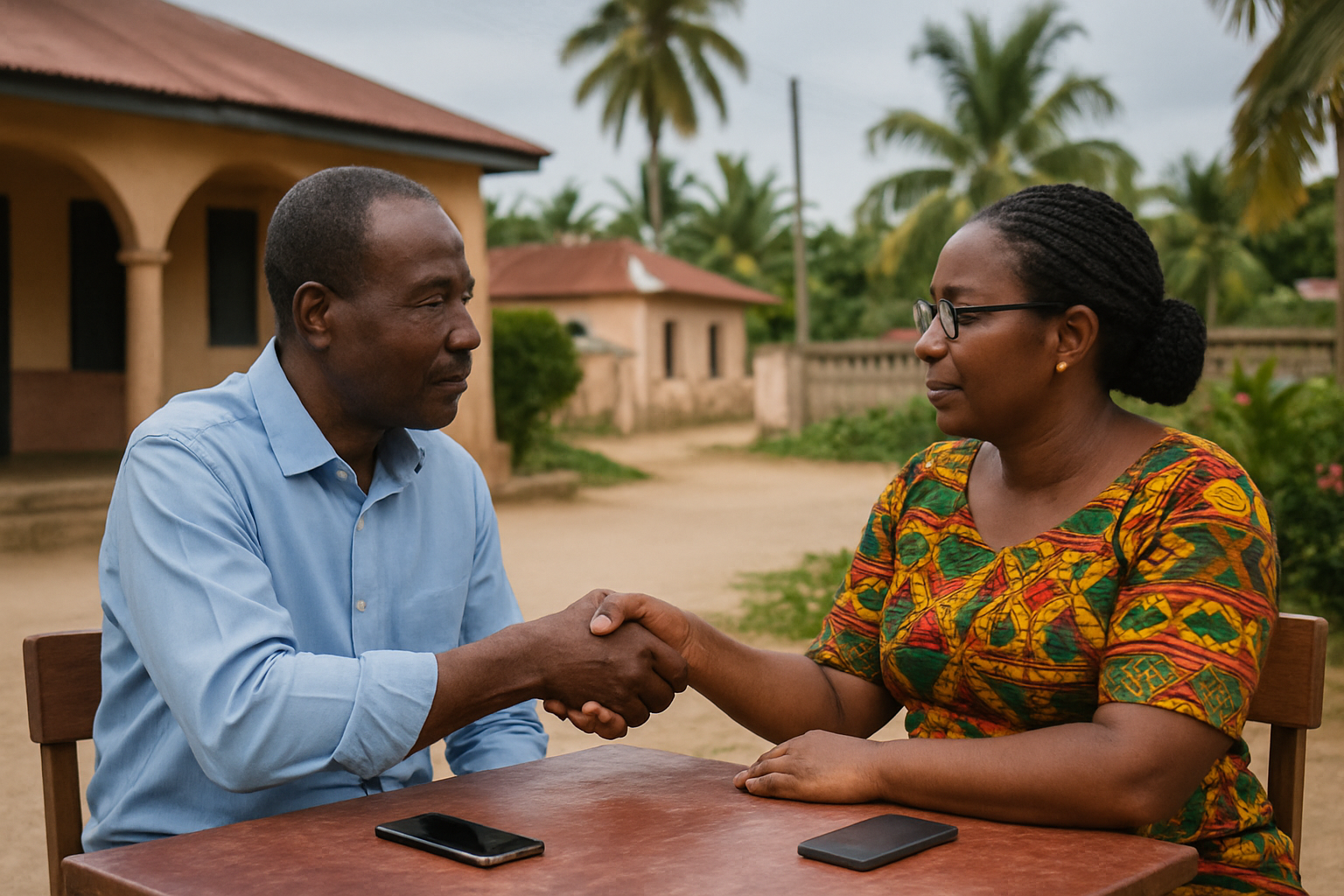 Two adults having a respectful first meeting in a public setting in Yamoransa