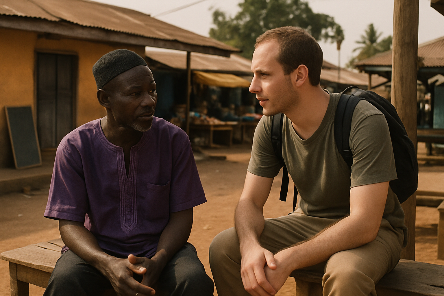 Two adults having a calm public conversation during a visit to Yeji