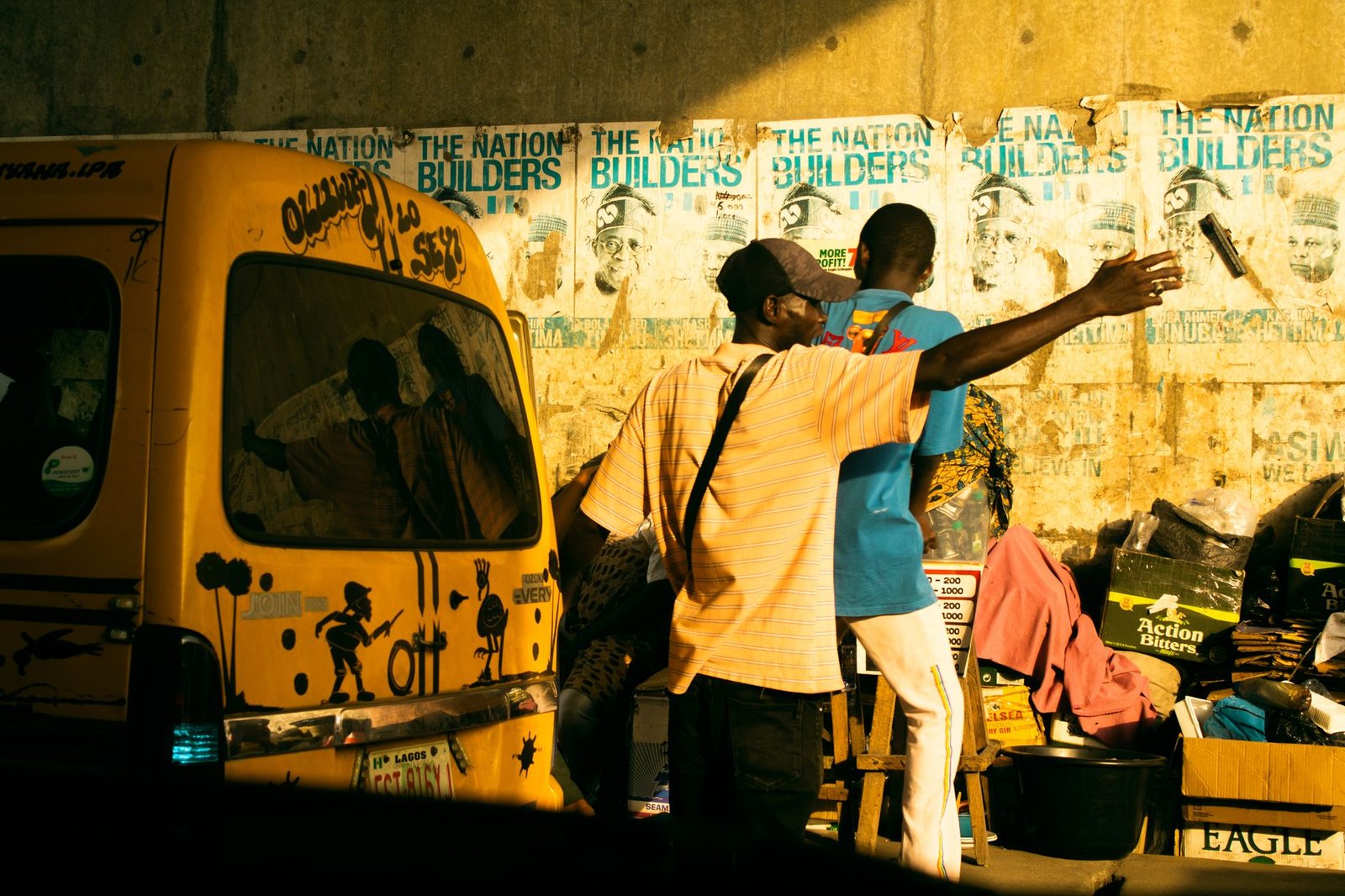 Quiet street in a West African border town at golden hour