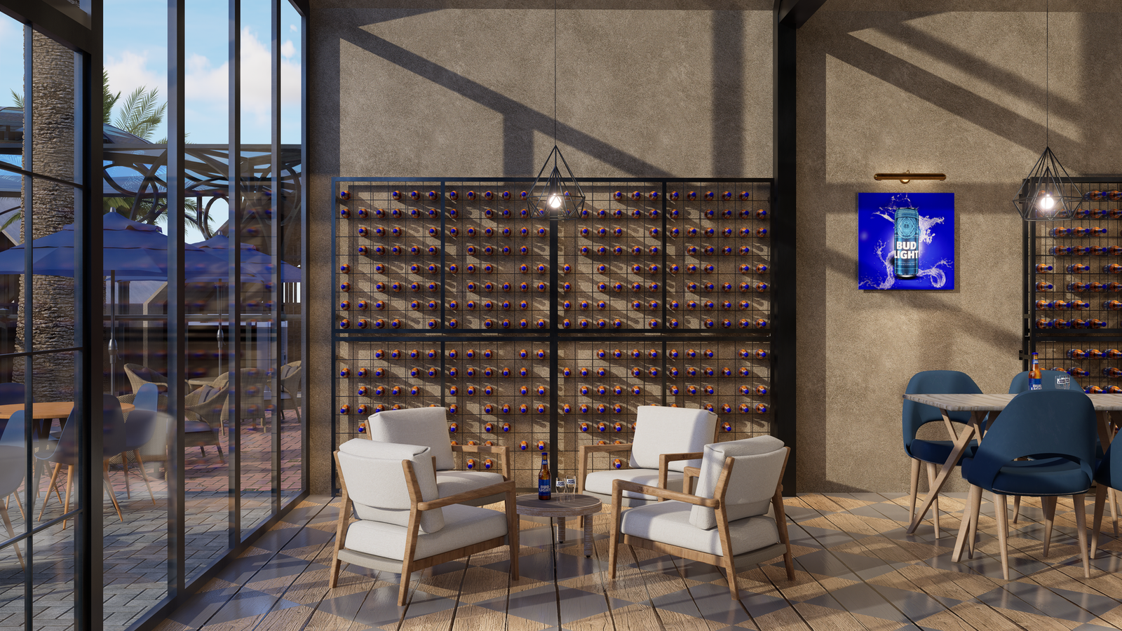 Stylish indoor lounge area featuring a wine bottle wall display and cozy seating.