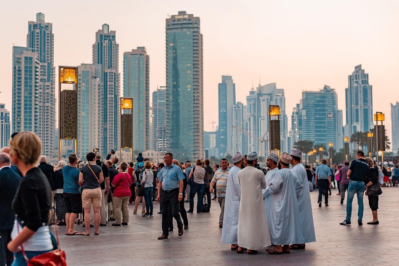 downtown, dubai, uae, tourism, city, people, buildings, muslims, arabs, square, street, evening, crowd, dubai, dubai, dubai,