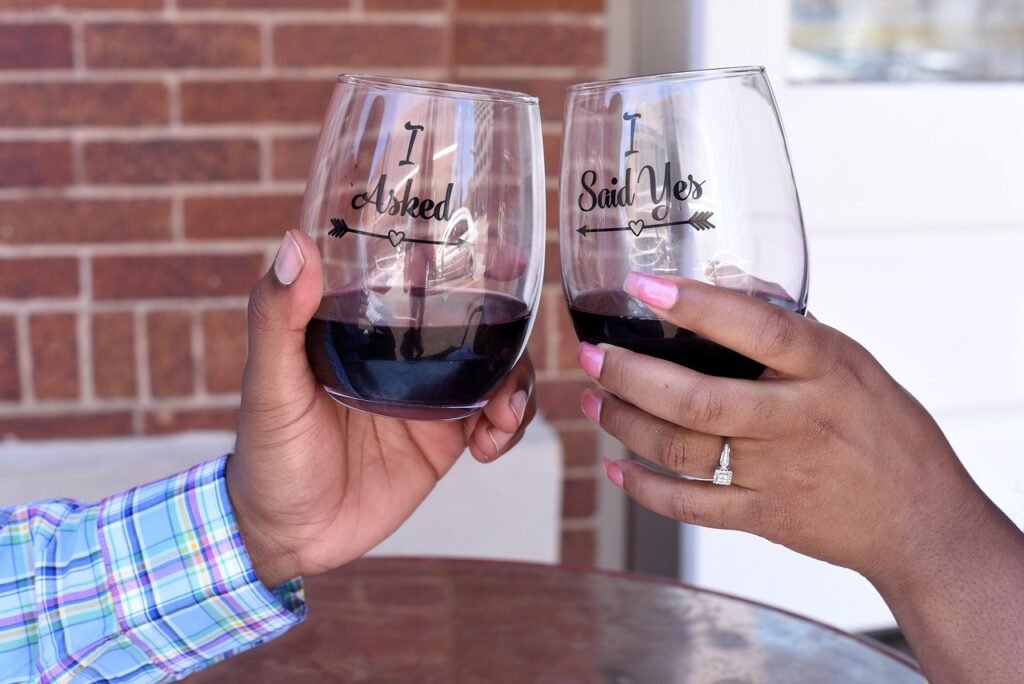 glass, drink, wine, alcohol, bottle, woman, adult, people, table, bar, hand, marriage, propose, proposal, engaged, engage, bl