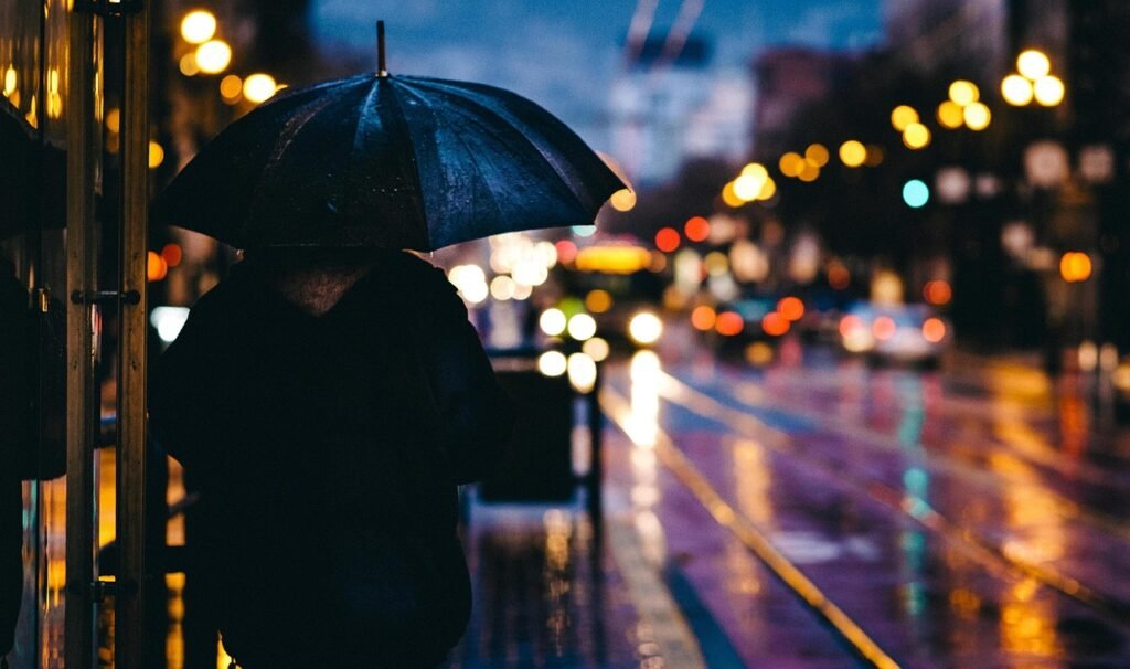 adult, blur, bokeh, city, evening, light, man, outdoors, person, nature, rain, reflection, road, street, umbrella, wet, raini