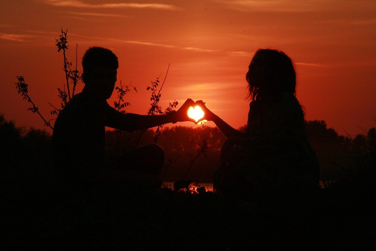 couple, nature, love, sunset, water, sun, the shadow, romance, in the evening