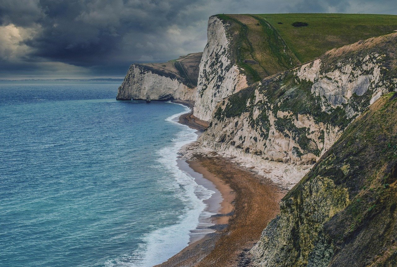 ocean, coast, cliffs, jurassic coast, dorset, england, uk, nature, united kingdom, landscape, sea, lulworth cove, sky, clouds