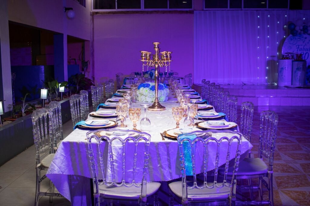 Simple outdoor table setting in northern Ghana at early evening