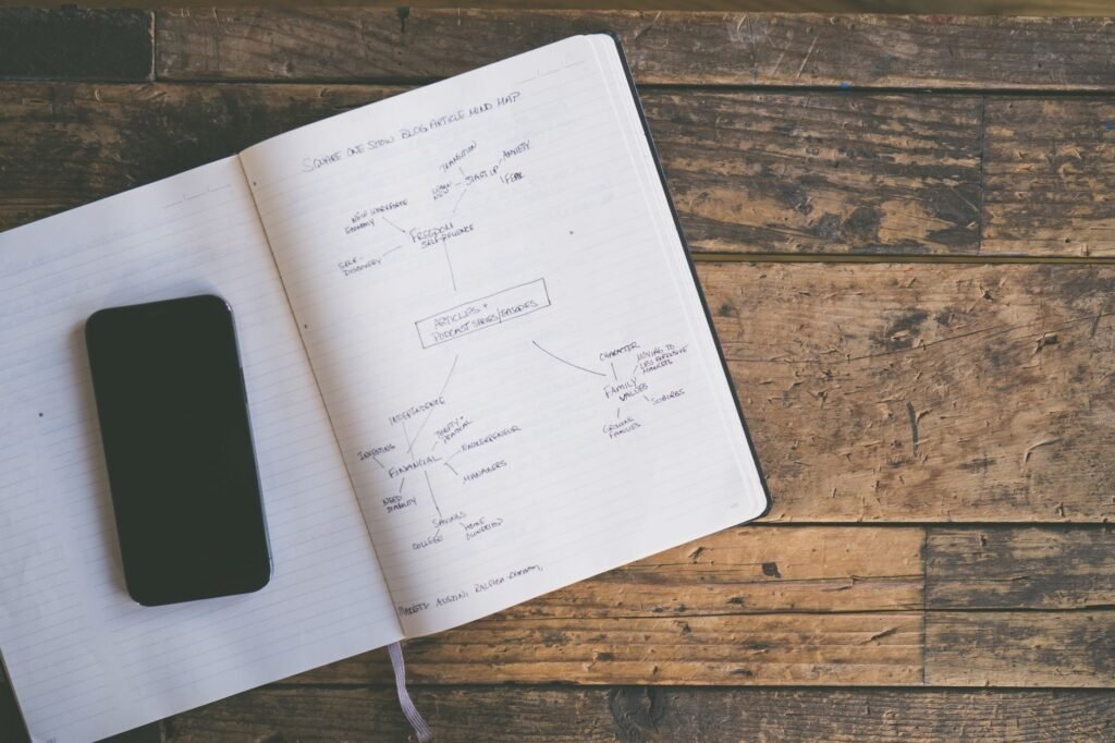 Smartphone and notebook on a table, suggesting careful planning of an adult evening out
