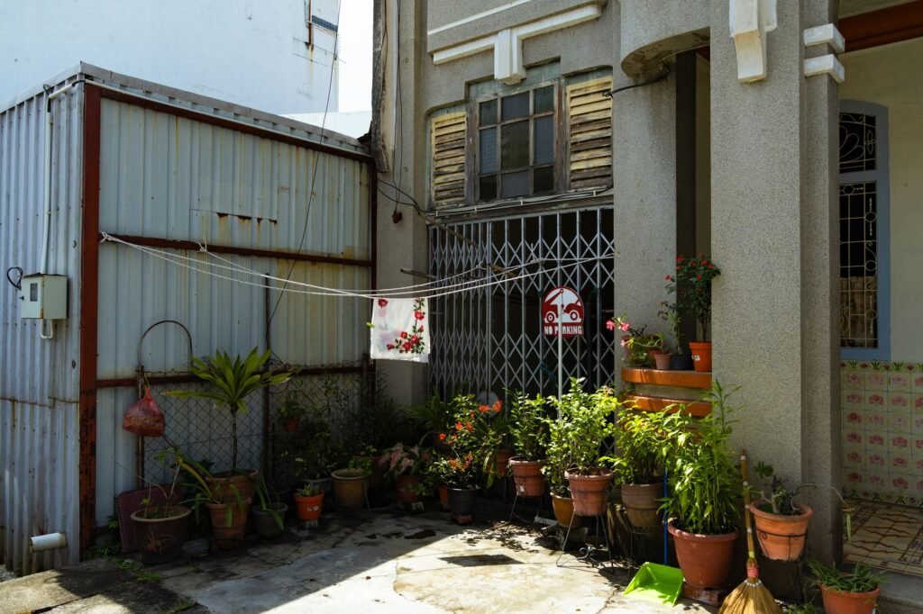 Modest guesthouse courtyard in a small town in Ghana
