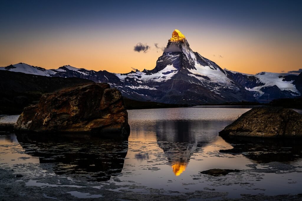 mountains, peak, snow, lake, reflection, matterhorn, landscape, nature, mirroring, zermatt, fluhalp, sunrise, switzerland, ma