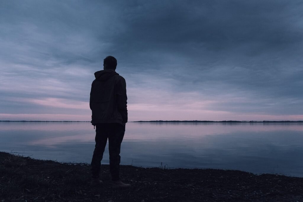 man, loneliness, sea, evening, silhouette, alone, sadness, water, ocean, beach, view, peaceful, nature, scenery, dark, man, m