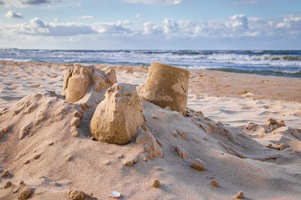 sand castle, sand, sea, clouds, sculpture, beach, vacations, summer, to play, to build, fun, nature, art, artwork, sandy beac
