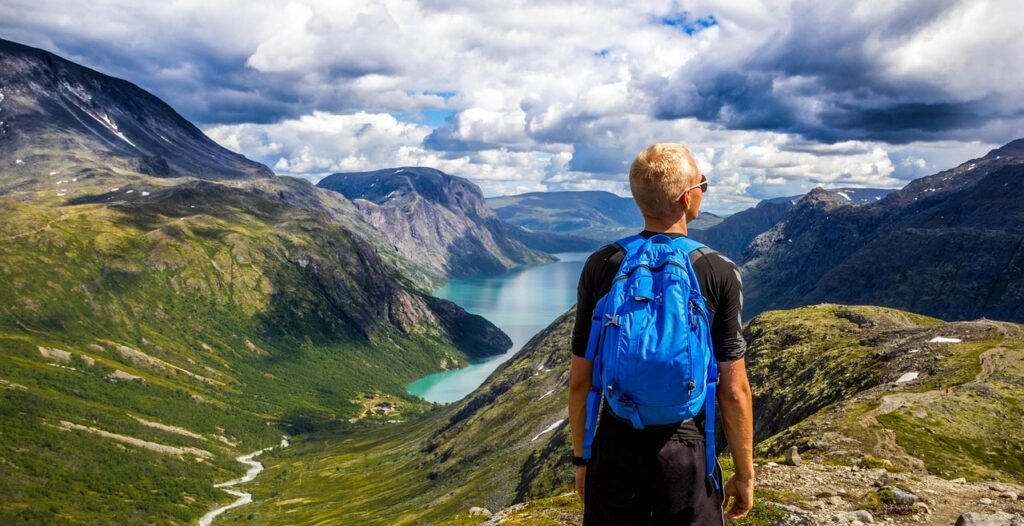 backpacker, mountains, panorama, viewpoint, backpacking, hiker, hiking, mountain ranges, valley, mountain valley, lake, mount