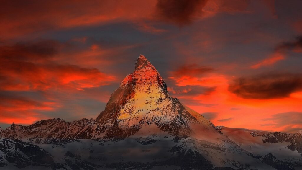 mountains, snow, sunset, dusk, twilight, peak, summit, mountain top, mountain view, sky, clouds, snow mountains, switzerland,