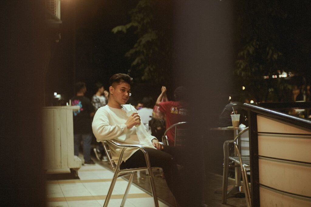 Understated outdoor seating area in a Ghanaian town in the early evening