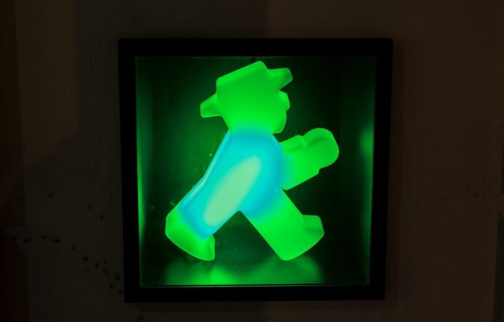 night, eve, night shot, traffic light man, berlin, signal, walk, cross, light, illuminated, green, east berlin, cult
