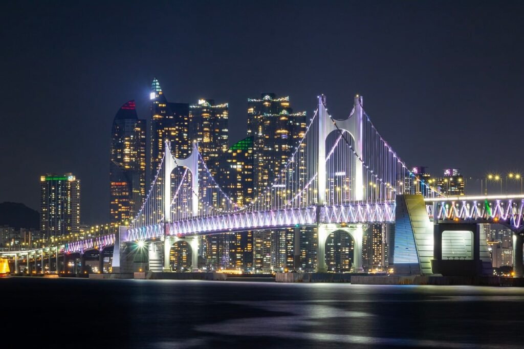 bridge, lights, city, night, sea, illuminated, skyline, south korea, gwangan bridge, busan, water, skyscraper, highway, commu